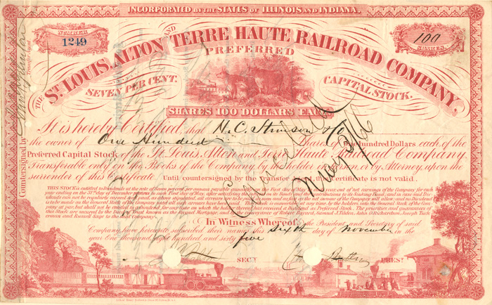 Charles Butler signed St. Louis, Alton and Terre Haute Railroad Co. - Stock Certificate